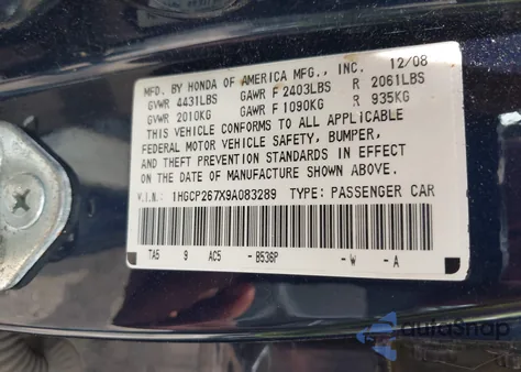 2009 Honda Accord 2.4 Ex from USA, damaged, VIN 1HGCP267X9A083289
